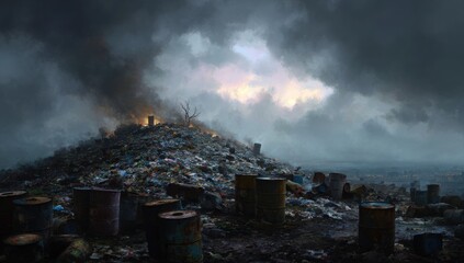 Fire rages through a landfill waste dump, with burning waste releasing hazardous fumes and creating a dramatic scene of environmental disaster
