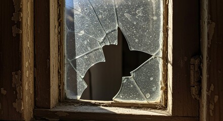 Broken window with shattered glass against a faded wooden frame in daylight