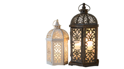 Wrought iron lanterns lights cut out on PNG. AI GENERATED.