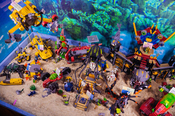 Naklejka premium Prague, Czechia - September 20, 2025: LEGO underwater adventure set with submarines and sea creatures display