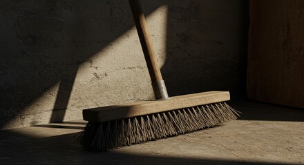 Broom resting against a wall with soft shadows and natural lighting