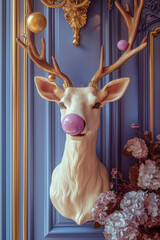 A mounted deer bust with golden antlers and a pink bubblegum bubble is surrounded by ornate decor and pink flowers. A luxurious take on surreal taxidermy art.