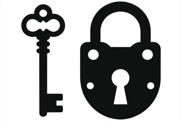 Minimalist key and lock icon set. A black and white vector silhouette of a vintage key and padlock, representing security, privacy, access, and protection. Isolated on white