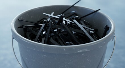 Bucket filled with black cable ties against a blurred background