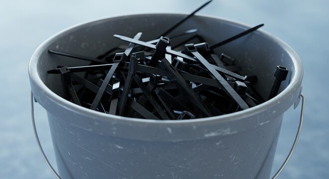 Bucket filled with black cable ties against a blurred background