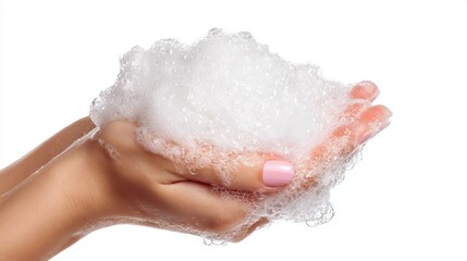 Fototapeta premium Woman washing hands with soap foam for hygiene and health promoting cleanliness and wellness on pure white background