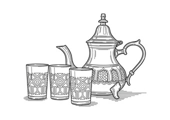 Vintage Traditional Moroccan silver teapot with tea glasses, black and white vector line illustration