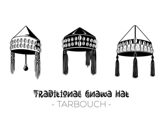 Traditional Moroccan Gnawa tarbouch hat with cowrie shells and tassels, black and white vector illustration