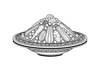 Traditional Moroccan couscous with vegetables, black and white vector illustration