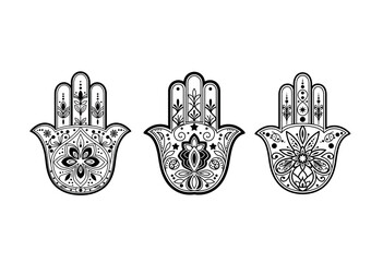 Set of Moroccan hamsa hand symbols with traditional Amazigh patterns, black and white vector illustration