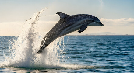 Dolphin leaps from ocean water creating a splash under sky.