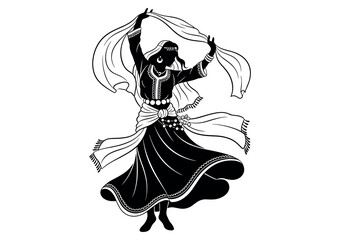 Silhouette of an  Arabic dancer raising scarf in traditional outfit, black and white vector illustration