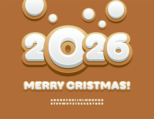 Vector Tasty Greeting Card Merry Christmas 2026! Delicious Gingerbread Font. Sweet Cookie style Alphabet Letters and Numbers set.