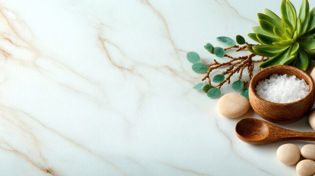 An aesthetically pleasing arrangement of salt in a wooden bowl, pebbles, and succulents represents harmony with nature and minimalistic design, perfect for modern decor settings.