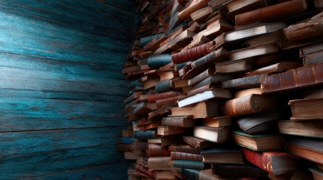 A visually appealing arrangement of stacked books against a textured blue wall, creating a warm and inviting atmosphere that speaks to the love of reading and knowledge.