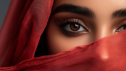 Woman in red veil close-up portrait studio setting intimate perspective cultural identity exploration