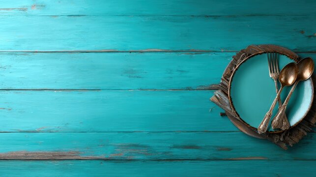 A beautifully arranged table setting featuring elegant silverware and plates on a rustic teal wooden surface, perfect for inviting meals or special occasions.