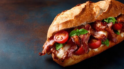 A hearty bacon sandwich filled with fresh ingredients including tomatoes and basil, demonstrating a perfect balance of flavors for a satisfying meal experience.
