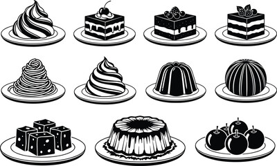 Vector Silhouettes of Assorted Desserts on Plates for Culinary, Menu, Bakery, Food Art, and Educational Design Use