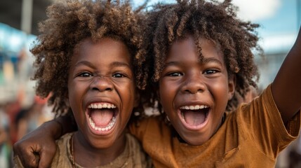 Two smiling children embrace joy and friendship, sharing a moment of happiness, their carefree expressions and vibrant hair capturing the essence of childhood delight.