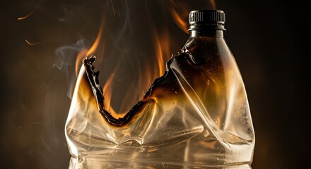 Burning plastic bottle showing flame damage and environmental concerns