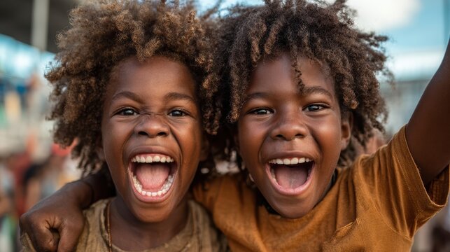 Two smiling children embrace joy and friendship, sharing a moment of happiness, their carefree expressions and vibrant hair capturing the essence of childhood delight.