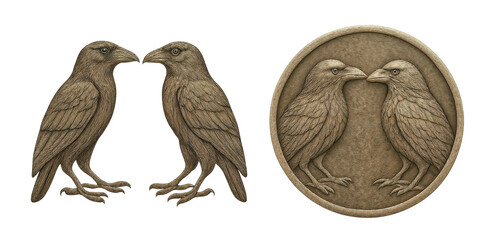 Odin's ravens Huginn and Muninn, textured symbol standalone and engraved on a coin, isolated on transparent background	