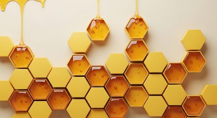 Golden honey dripping into hexagonal cells, symbolizing sweetness and natural goodness
