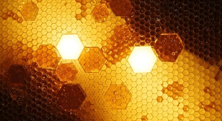 Closeup of a honeycomb filled with golden honey, showing hexagonal cells and light shining through