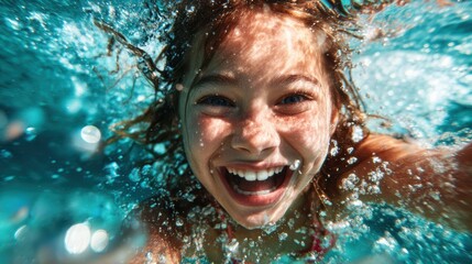A playful and joyful underwater image of a girl with a beaming smile, surrounded by bubbles and sunlight filtering through the water, capturing the essence of happiness and freedom.