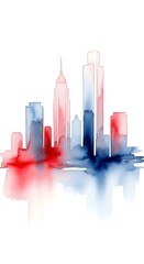 Watercolor painting of a city skyline with red and blue hues, isolated on white background