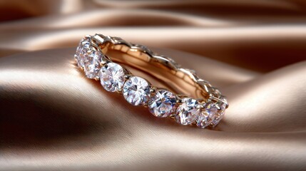 An exquisite diamond ring is elegantly displayed on luxurious satin fabric, highlighting its brilliance and allure, perfect for showcasing fine jewelry in captivating detail.