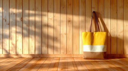A stylish tote bag with vibrant colors leans against a wooden wall, embodying modern design, functionality, and a sense of casual elegance in everyday life.