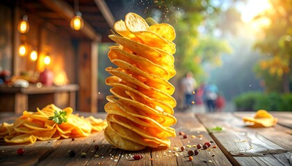 A stack of golden, crispy potato chips stands tall, peppered with seasonings, on a rustic wooden table with bokeh lights