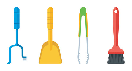 Colorful set of four barbecue utensils including a blue meat hook, yellow scoop, green tongs, and red basting brush arranged in a row.