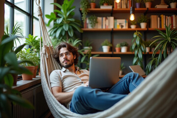Male Editor Relaxing on Hammock in Coffee Shop with Technology and Plants, Deep in Thought