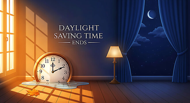 Melting clock with daylight saving time ends text and starry night sky image