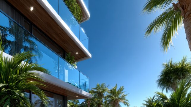 A beautiful modern building design with large glass balconies, surrounded by lush tropical palm trees against a clear blue sky, epitomizing luxury and tranquility. - Powered by Adobe