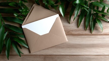 A brown envelope rests on a wooden surface, beautifully framed by lush green leaves, suggesting themes of nature, communication, and connection.