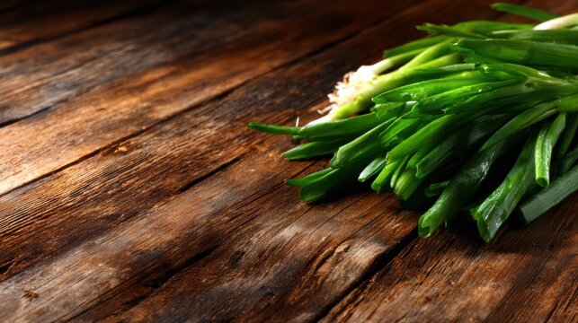 A close-up of fresh green onions resting on a rustic, textured wooden surface, highlighting the vibrant color and freshness, perfect for culinary or organic themes. - Powered by Adobe