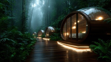 Stylish, eco-friendly transparent pods nestled in a dense jungle create a harmonious blend of modern living and nature, showcasing an innovative approach to vacationing.