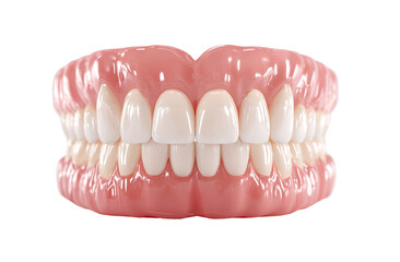 Obraz premium Full dental prosthesis, upper and lower dentures, showing even, white teeth and pink gums