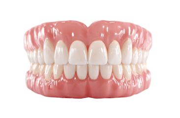 Full dental prosthesis, upper and lower dentures, showing even, white teeth and pink gums