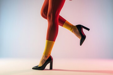 Women’s Legs in Bold-Colored Tights and Luxury High Heels Playfully Kicking Against Retro Background, Studio Fashion Photography