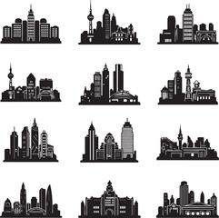 Naklejka premium Silhouetted Cityscape Vector Graphics Collection Showcasing Diverse Architectural Styles and Urban Landscapes in a Striking Black and White Design