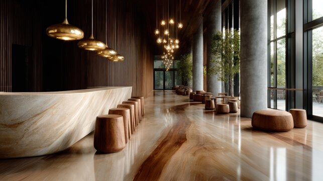A chic, modern interior space featuring warm wooden elements and ambient lighting creates an inviting atmosphere for social gatherings and relaxation.