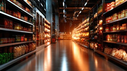The aisle of a grocery store illuminated by warm light, showcasing neatly arranged shelves filled with various food items, capturing the essence of grocery shopping and daily life.
