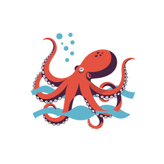 Colorful cartoon octopus swimming in ocean with bubbles on a transparent background  