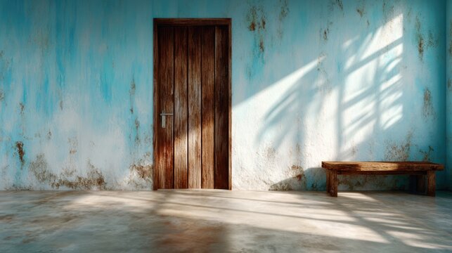 A serene room featuring an old wooden door and light streaming through, creating a peaceful atmosphere that evokes feelings of calmness and nostalgia.