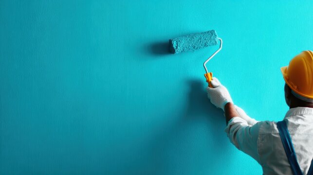 An individual paints a bright blue wall with a paint roller, illustrating the process of home improvement and the beauty of transforming living spaces with color.